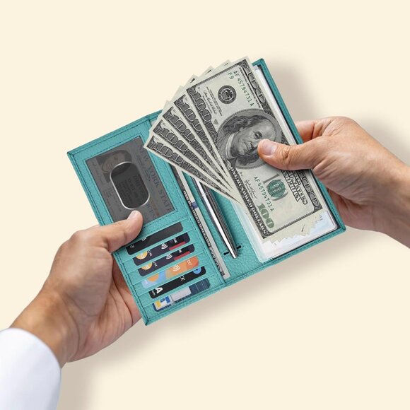 Leather Checkbook Cover for Men & Women -RFID Slim Wallet Pen Holder Credit Card - Picture 5 of 7